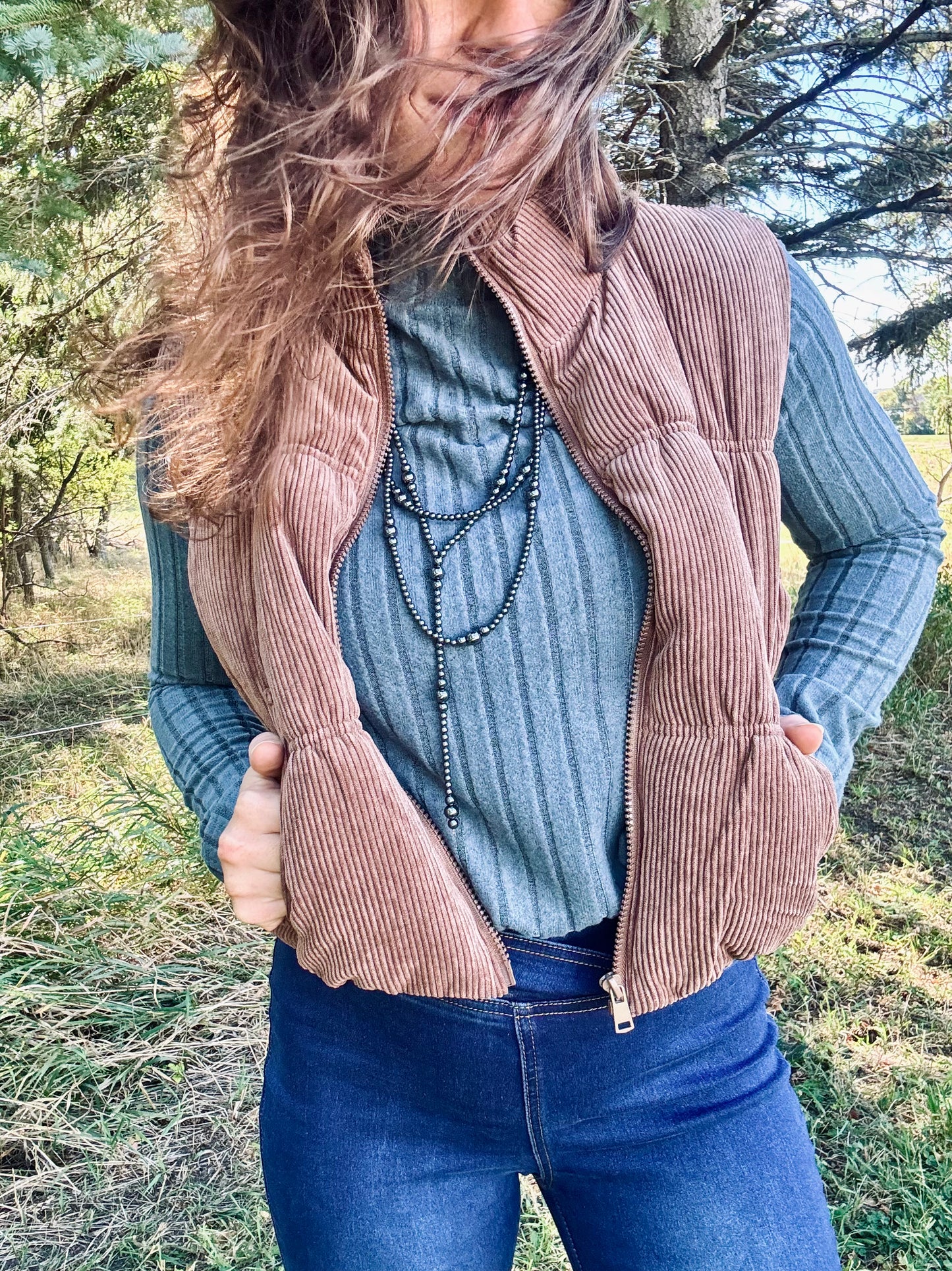 Cocoa Corduroy Zip Up Puffer Vest