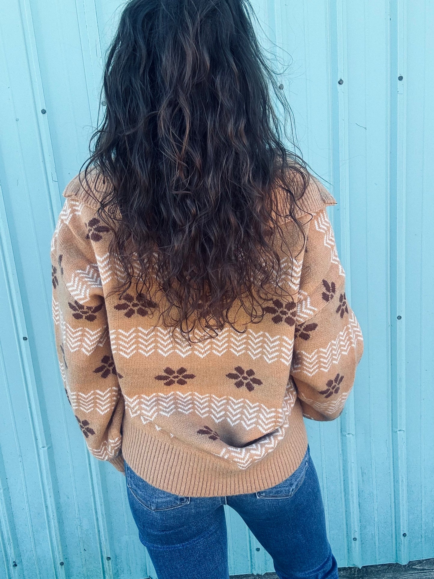 Umgee Floral Patterned Jacquard Quarter-Zip Pullover Sweater