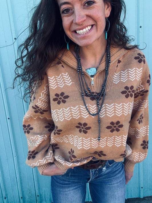 Umgee Floral Patterned Jacquard Quarter-Zip Pullover Sweater