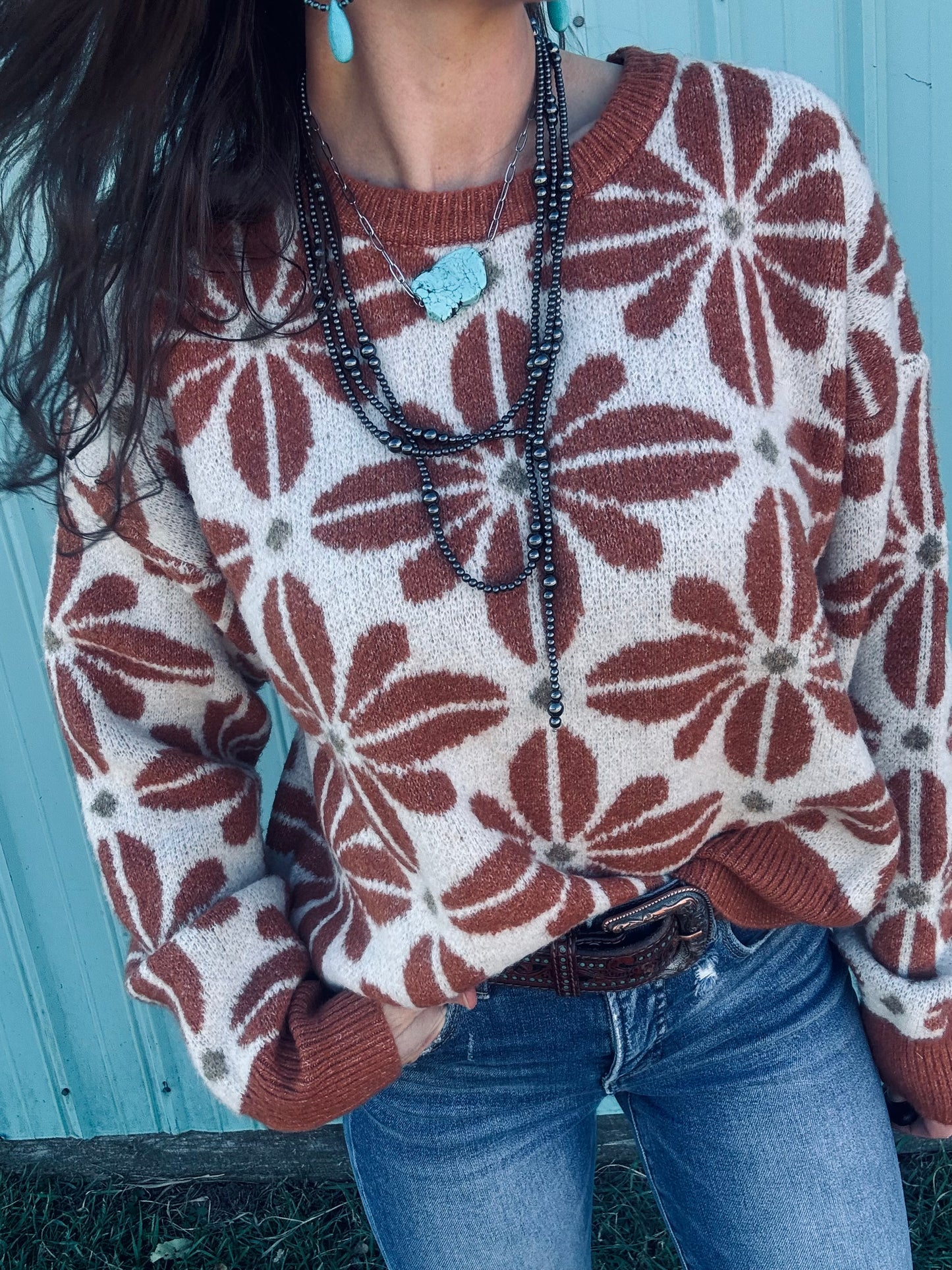 BiBi Flower Pattern Long Sleeve Sweater
