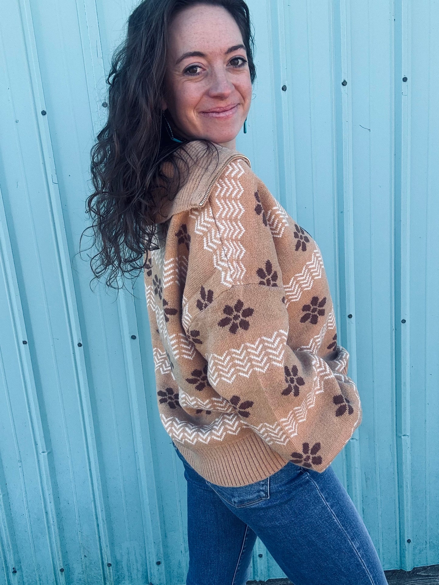 Umgee Floral Patterned Jacquard Quarter-Zip Pullover Sweater