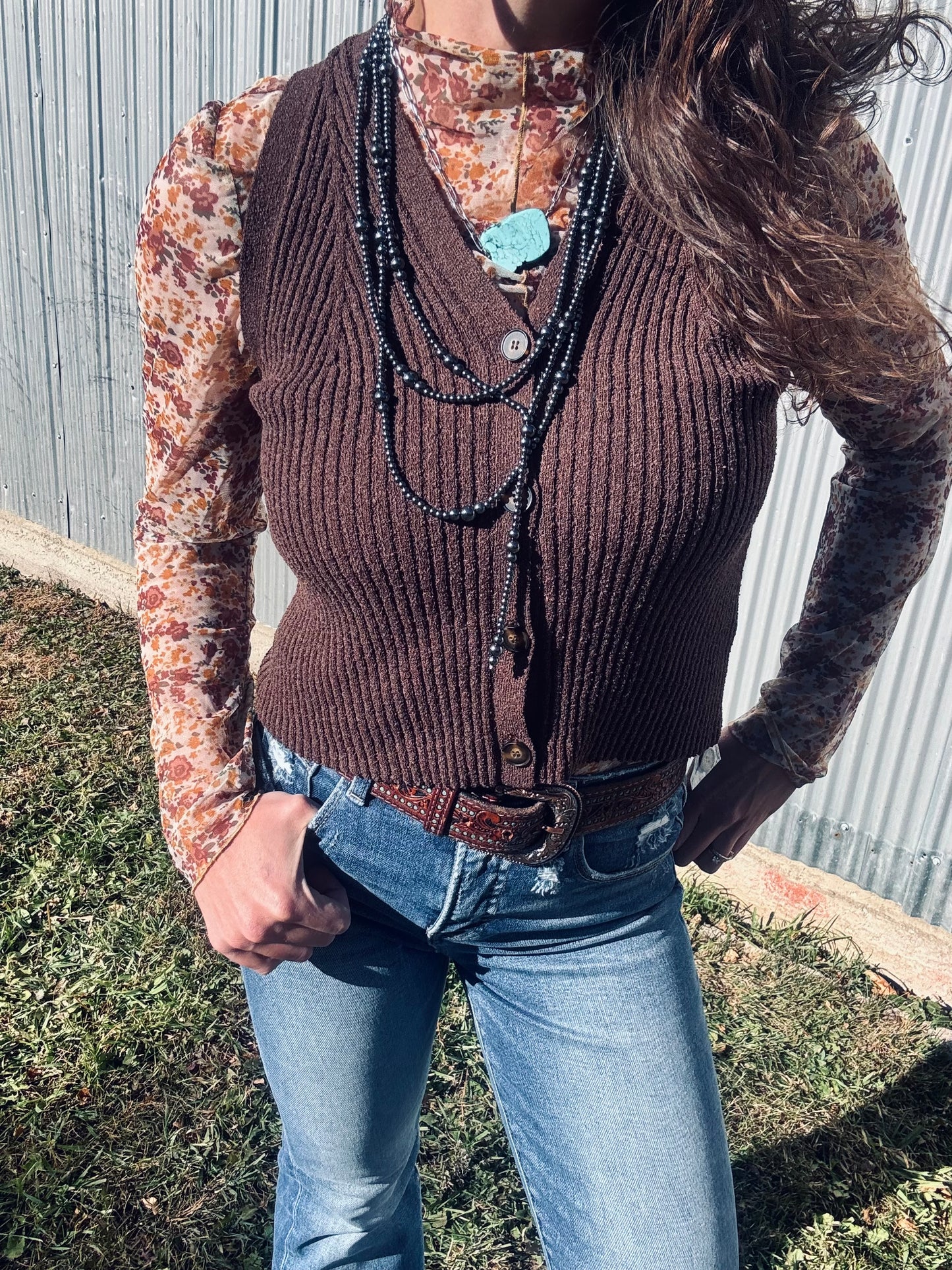 Annie Wear Floral Lettuce Hem Sheer Mesh Top