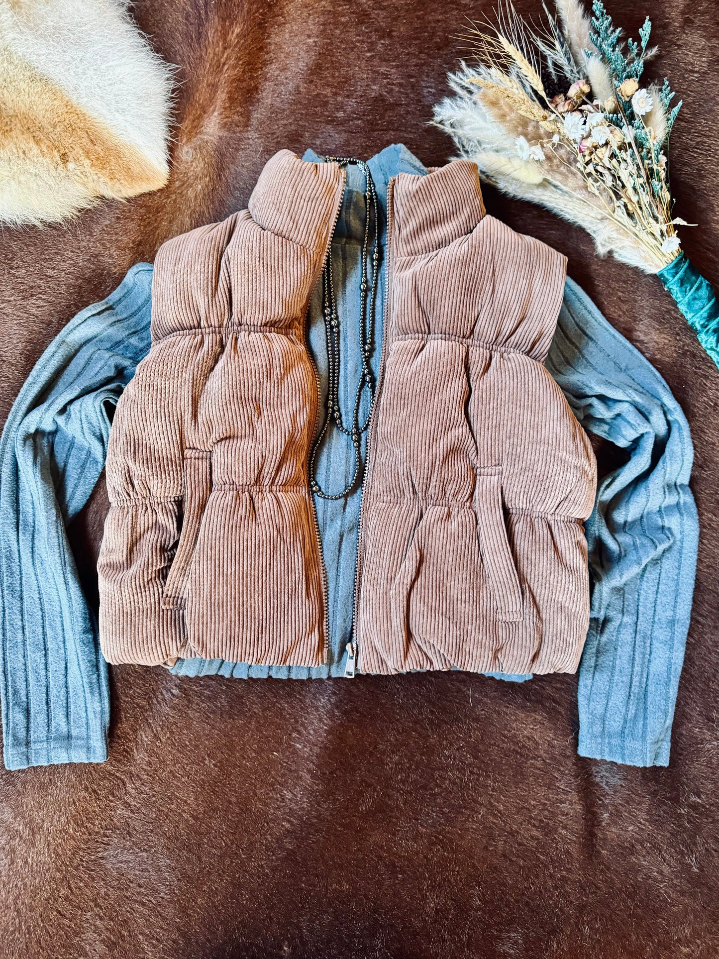 Cocoa Corduroy Zip Up Puffer Vest