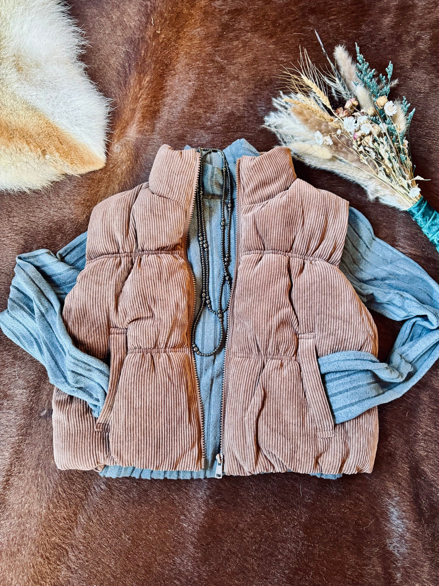 Cocoa Corduroy Zip Up Puffer Vest