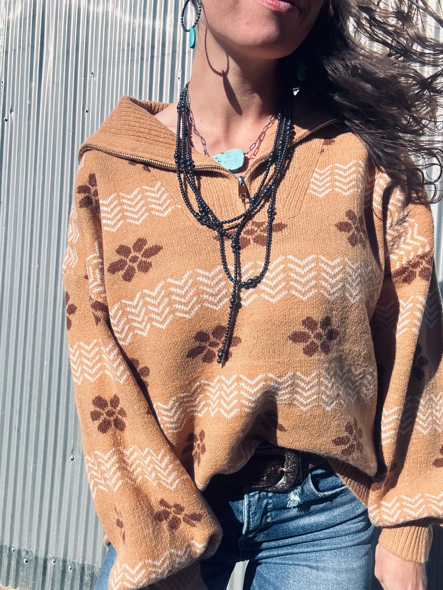 Umgee Floral Patterned Jacquard Quarter-Zip Pullover Sweater