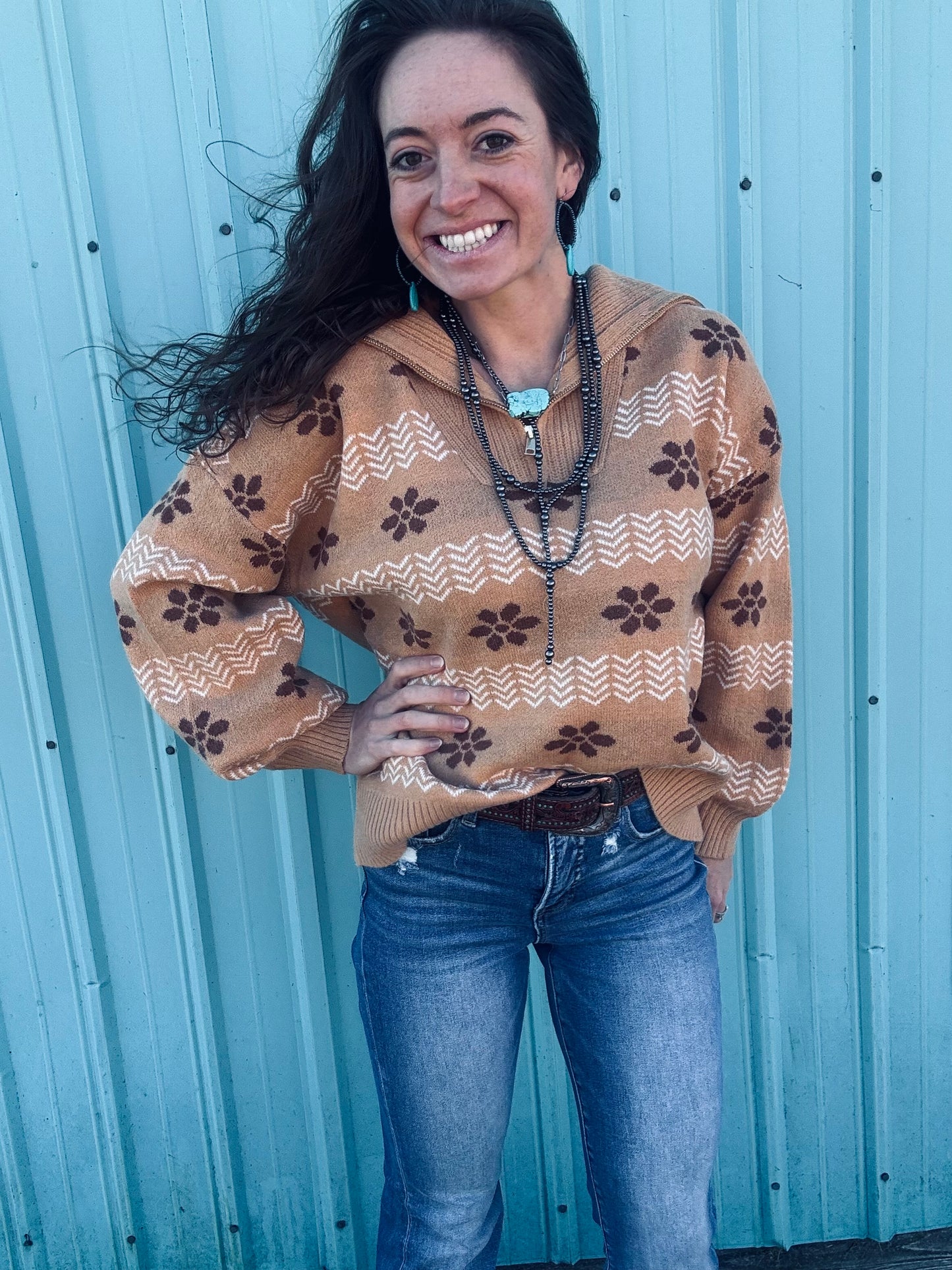 Umgee Floral Patterned Jacquard Quarter-Zip Pullover Sweater