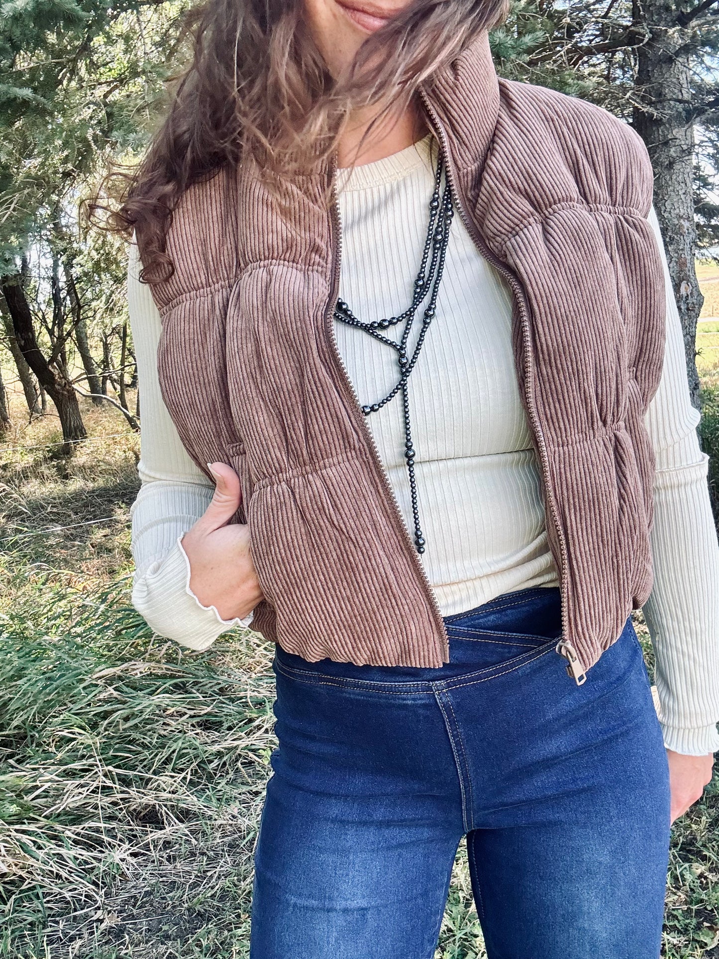 Cocoa Corduroy Zip Up Puffer Vest