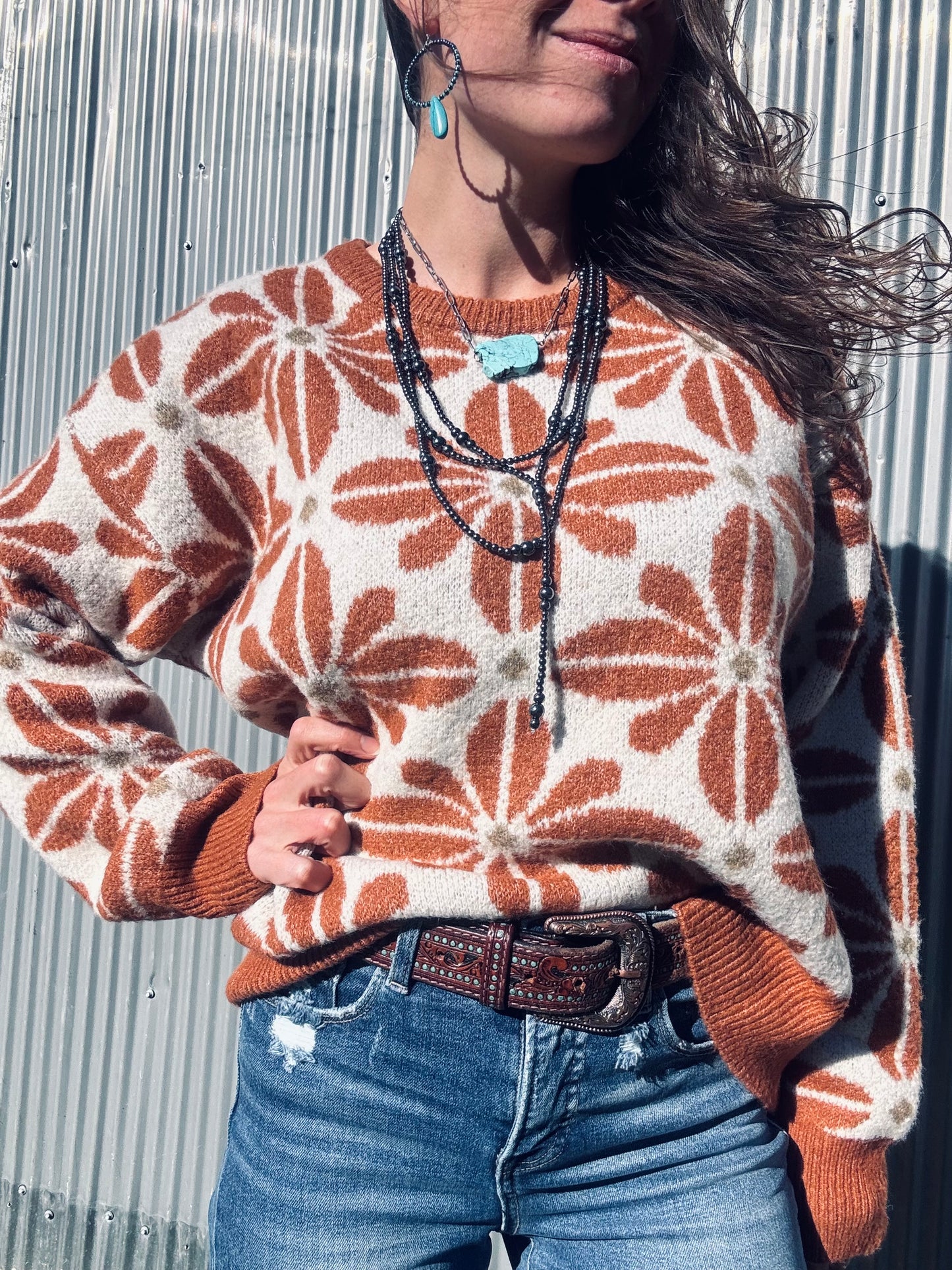 BiBi Flower Pattern Long Sleeve Sweater