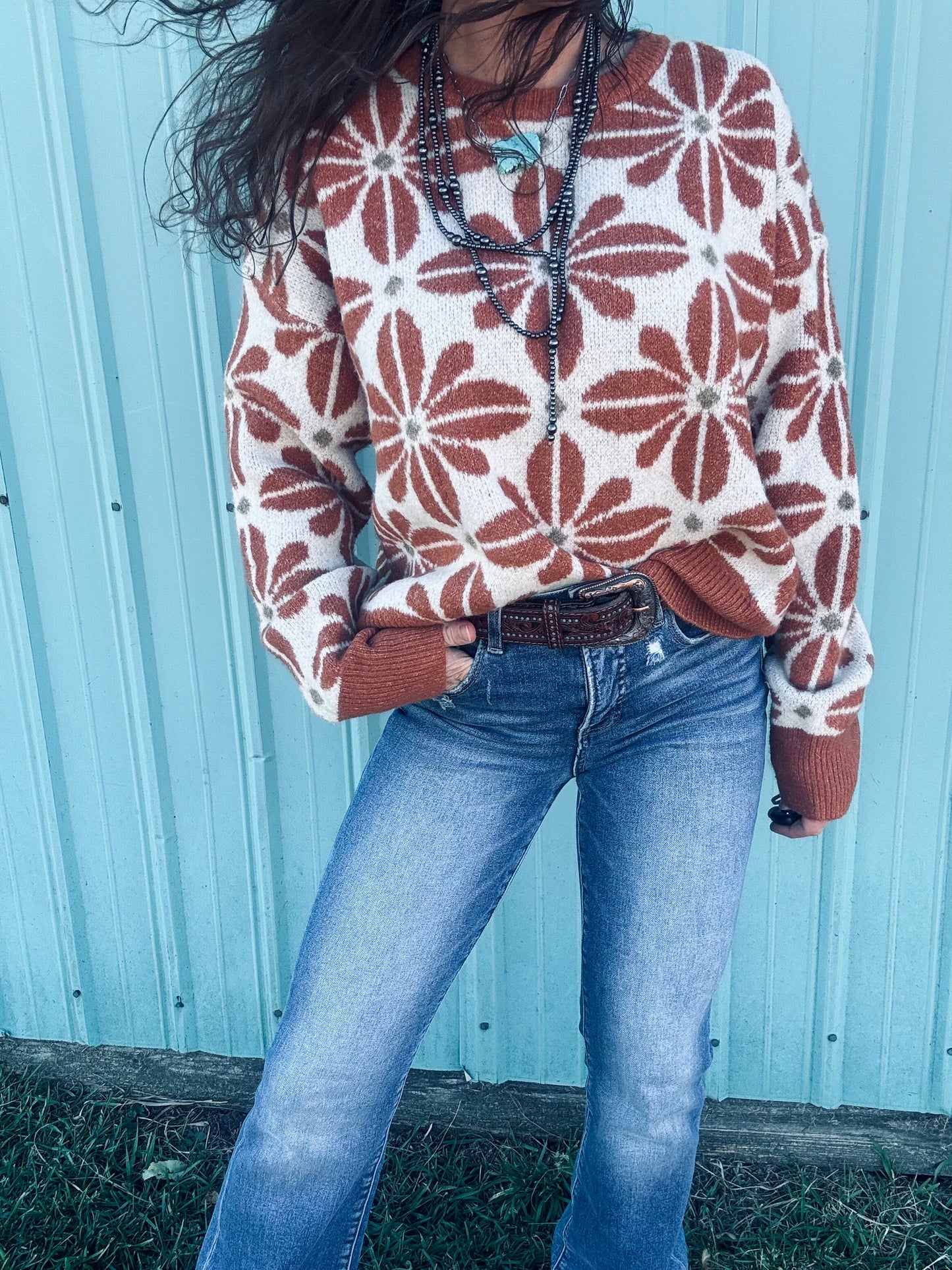 BiBi Flower Pattern Long Sleeve Sweater