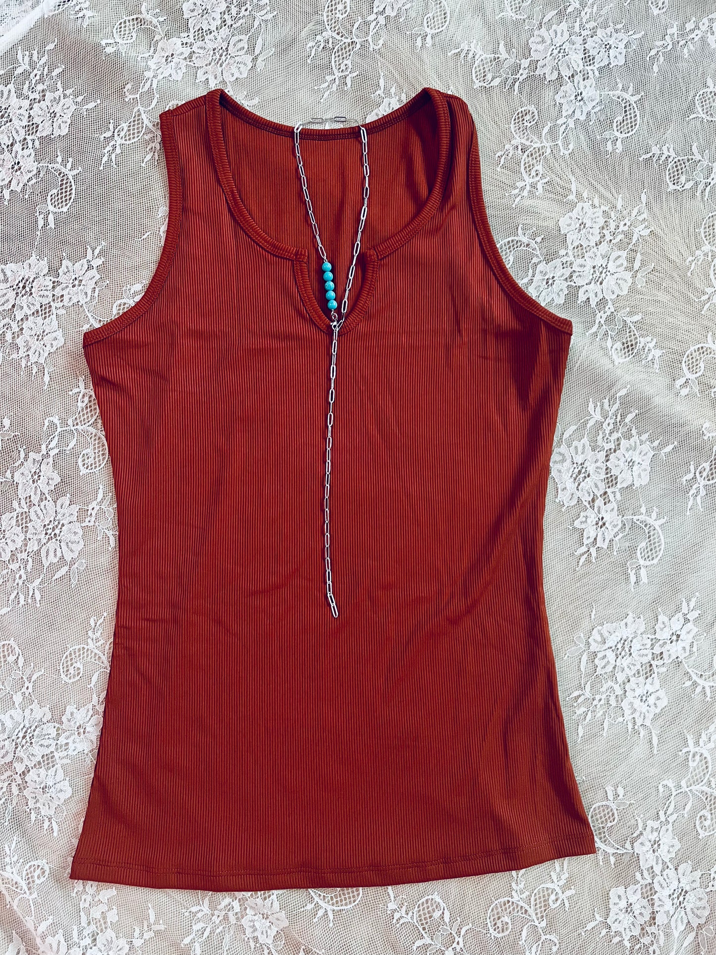 Notched Neck Ribbed Tank Top